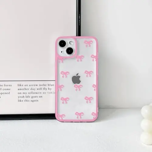 NITITOP iPhone 14 uchun g'ilof bilan mos keladi Qizlar ayollar uchun yoqimli tiniq bardoshli lenta kamon naqshli yumshoq TPU shaffof to'liq kamera linzalari zarbga chidamli himoya telefon qopqog'i - och qizil - 4