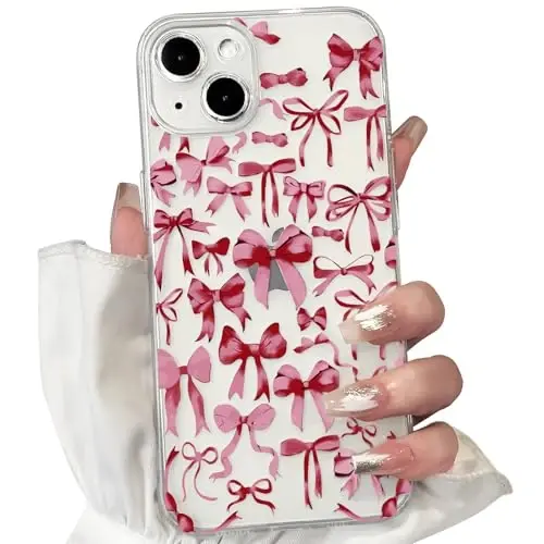 NITITOP iPhone 14 uchun g'ilof bilan mos keladi Qizlar uchun yoqimli tiniq bantli dizayn Ayollar qizil kamon lentalari Yumshoq ingichka zamonaviy himoya telefon qopqog'i - qizil 