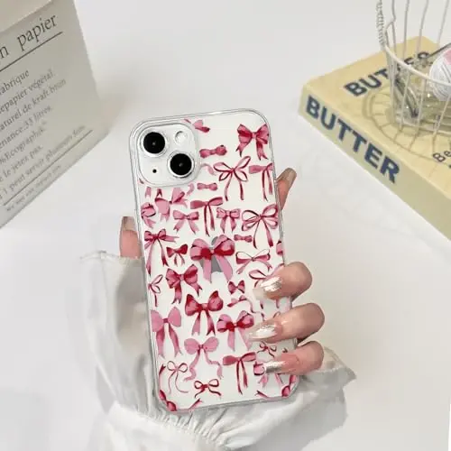 NITITOP iPhone 14 uchun g'ilof bilan mos keladi Qizlar uchun yoqimli tiniq bantli dizayn Ayollar qizil kamon lentalari Yumshoq ingichka zamonaviy himoya telefon qopqog'i - qizil - 3