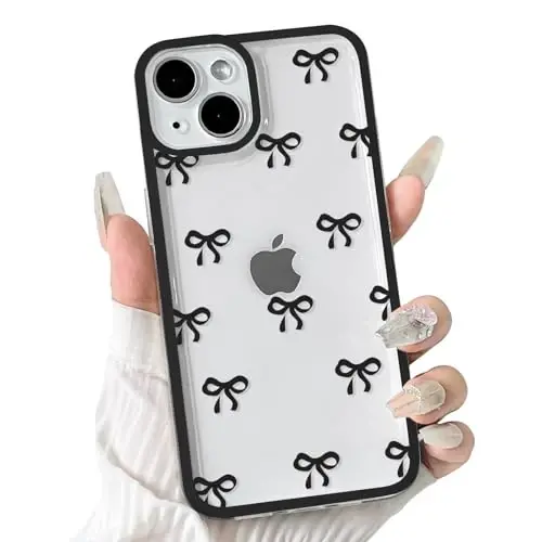 NITITOP iPhone 14 uchun g'ilof bilan mos keladi, qizlar va ayollar uchun yoqimli tiniq bardoshli lenta kamon naqshli, yumshoq TPU shaffof to'liq kamera linzalari zarbga chidamli himoya telefon qopqog'i - qora 