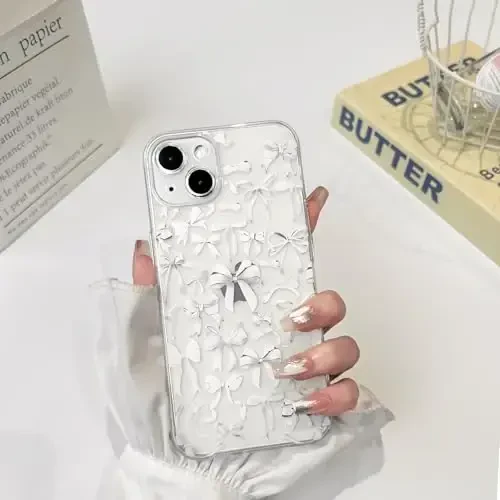 NITITOP iPhone 14 uchun mos keladigan g'ilof, ayollar qizlar uchun yoqimli tiniq bant dizayni, oq kamon lentalari, yumshoq, ingichka, zamonaviy himoya telefon qopqog'i - Oq - 3