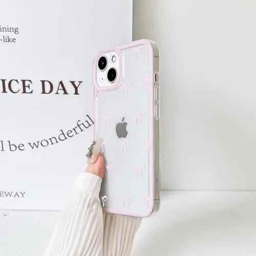 NITITOP iPhone 14 uchun mos keladigan g'ilof, qizlar va ayollar uchun chiroyli tiniq, bardoshli lenta kamonchasi naqshli, yumshoq TPU shaffof, to'liq kamera linzalari zarbadan himoya qiluvchi telefon qopqog'i - pushti - 5