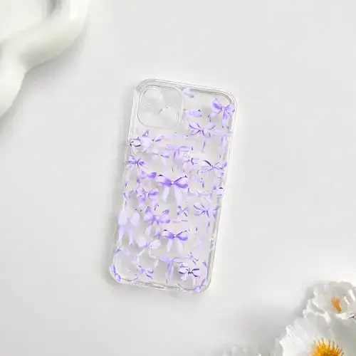 NITITOP iPhone 14 uchun mos keladigan g'ilof Yoqimli tiniq ayollar qizlar uchun kamon dizayni Binafsha kamonli lenta Yumshoq ingichka zamonaviy himoya telefon qopqog'i - Binafsha - 4