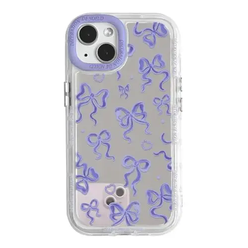 NITITOP Compatible with iPhone 15 Case Cute Mirror Bow Love Heart Pattern for Women Girls Ribbon Design Shockproof Silver Protective Phone Cover - Purple Bow - 1
