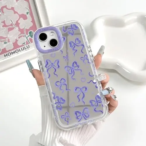 NITITOP Compatible with iPhone 15 Case Cute Mirror Bow Love Heart Pattern for Women Girls Ribbon Design Shockproof Silver Protective Phone Cover - Purple Bow - 3