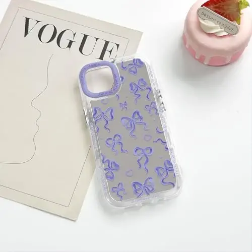 NITITOP Compatible with iPhone 15 Case Cute Mirror Bow Love Heart Pattern for Women Girls Ribbon Design Shockproof Silver Protective Phone Cover - Purple Bow - 6