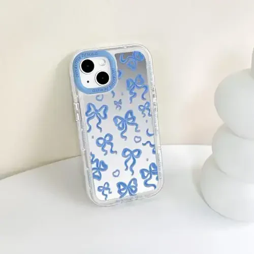 NITITOP Compatible with iPhone 15 Case Cute Mirror Bow Love Heart Pattern for Women Girls Ribbon Design Shockproof Silver Protective Phone Cover - Indigo Blue Bow - 7