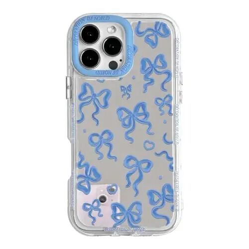 NITITOP Compatible with iPhone 15 Case Cute Mirror Bow Love Heart Pattern for Women Girls Ribbon Design Shockproof Silver Protective Phone Cover - Indigo Blue Bow - NITITOP