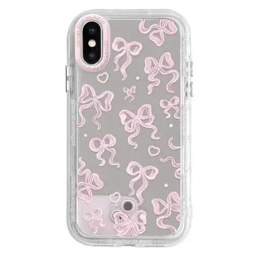 NITITOP Compatible with iPhone 15 Case Cute Mirror Bow Love Heart Pattern for Women Girls Ribbon Design Shockproof Silver Protective Phone Cover - Light Pink Bow - NITITOP