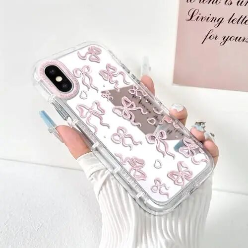 NITITOP Compatible with iPhone 15 Case Cute Mirror Bow Love Heart Pattern for Women Girls Ribbon Design Shockproof Silver Protective Phone Cover - Light Pink Bow - 2