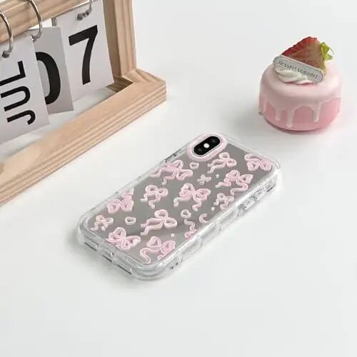 NITITOP Compatible with iPhone 15 Case Cute Mirror Bow Love Heart Pattern for Women Girls Ribbon Design Shockproof Silver Protective Phone Cover - Light Pink Bow - 4