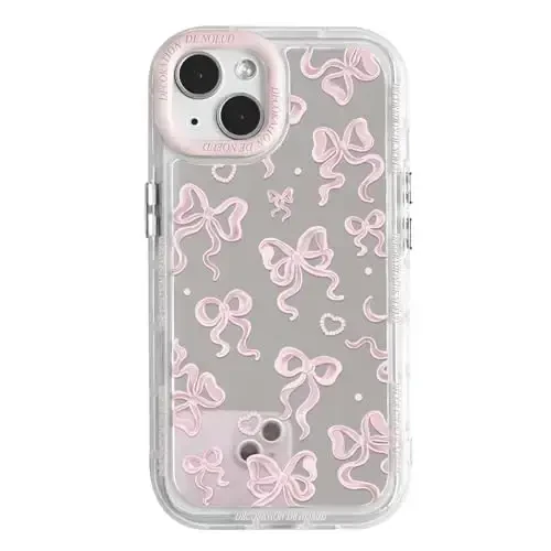 NITITOP Compatible with iPhone 15 Case Cute Mirror Bow Love Heart Pattern for Women Girls Ribbon Design Shockproof Silver Protective Phone Cover - Light Pink Bow 