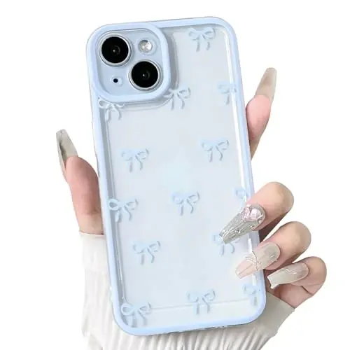 NITITOP Compatible with iPhone 15 Case Cute Clear Durable Ribbon Bowknot Pattern for Girls Women Soft TPU Transparent Full Camera Lens Shockproof Protective Phone Cover - Blue 