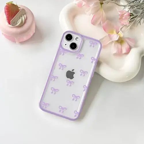 NITITOP Compatible with iPhone 15 Case Cute Clear Durable Ribbon Bowknot Pattern for Girls Women Soft TPU Transparent Full Camera Lens Shockproof Protective Phone Cover - Purple - 2