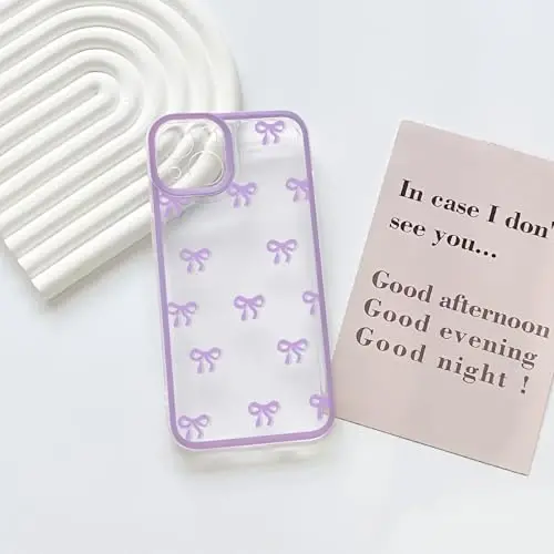 NITITOP Compatible with iPhone 15 Case Cute Clear Durable Ribbon Bowknot Pattern for Girls Women Soft TPU Transparent Full Camera Lens Shockproof Protective Phone Cover - Purple - 3