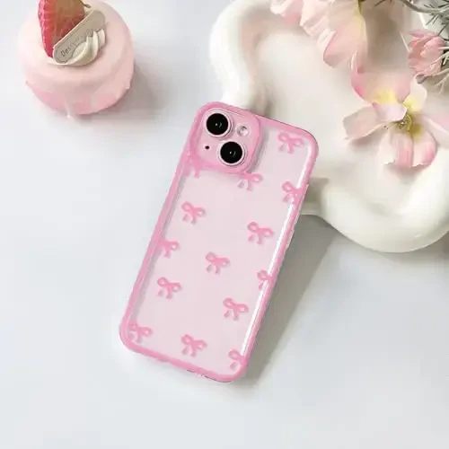 NITITOP Compatible with iPhone 15 Case Cute Clear Durable Ribbon Bowknot Pattern for Girls Women Soft TPU Transparent Full Camera Lens Shockproof Protective Phone Cover - Rose Red - NITITOP (1)