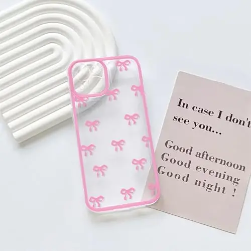 NITITOP Compatible with iPhone 15 Case Cute Clear Durable Ribbon Bowknot Pattern for Girls Women Soft TPU Transparent Full Camera Lens Shockproof Protective Phone Cover - Rose Red - 3