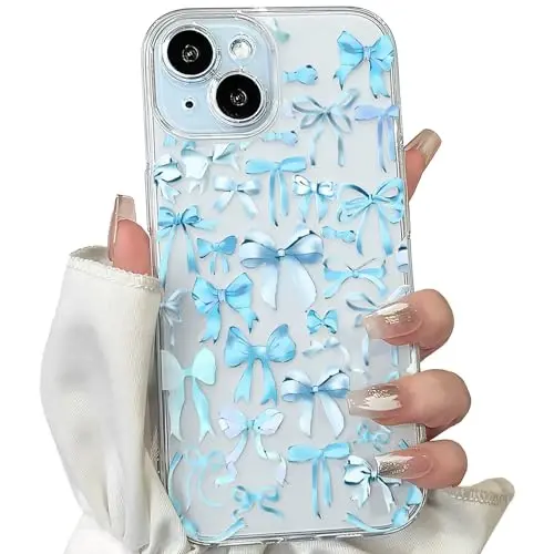 NITITOP Compatible with iPhone 15 Case Cute Clear Bowknot Design for Women Girls Blue Bow Ribbon Soft Fit Slim Stylish Protective Phone Cover - Blue - 1