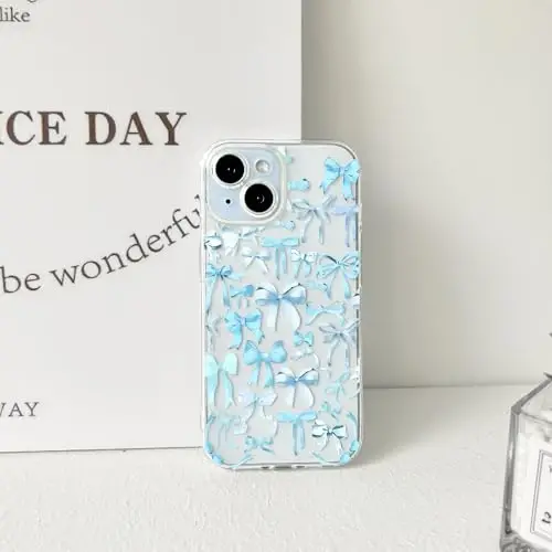 NITITOP Compatible with iPhone 15 Case Cute Clear Bowknot Design for Women Girls Blue Bow Ribbon Soft Fit Slim Stylish Protective Phone Cover - Blue - 6