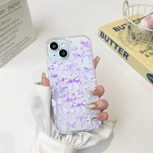 NITITOP Compatible with iPhone 15 Case Cute Clear Bowknot Design for Women Girls Purple Bow Ribbon Soft Fit Slim Stylish Protective Phone Cover - Purple - 3