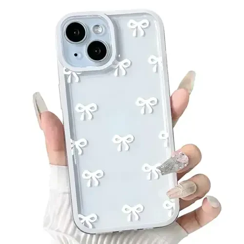 NITITOP Compatible with iPhone 15 Plus Case Cute Clear Durable Ribbon Bowknot Pattern for Girls Women Soft TPU Transparent Full Camera Lens Shockproof Protective Phone Cover - White - 1
