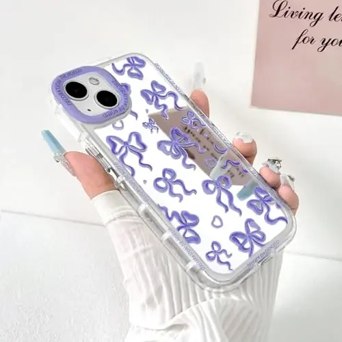 NITITOP Compatible with iPhone 15 Plus Case Cute Mirror Bow Love Heart Pattern for Women Girls Ribbon Design Shockproof Silver Protective Phone Cover - Purple Bow - NITITOP (1)