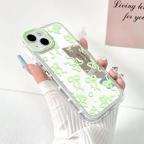 NITITOP Compatible with iPhone 15 Plus Case Cute Mirror Bow Love Heart Pattern for Women Girls Ribbon Design Shockproof Silver Protective Phone Cover - Green Bow - 2
