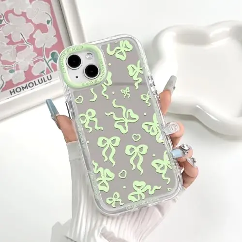 NITITOP Compatible with iPhone 15 Plus Case Cute Mirror Bow Love Heart Pattern for Women Girls Ribbon Design Shockproof Silver Protective Phone Cover - Green Bow - 3