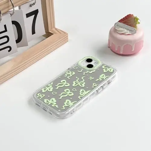 NITITOP Compatible with iPhone 15 Plus Case Cute Mirror Bow Love Heart Pattern for Women Girls Ribbon Design Shockproof Silver Protective Phone Cover - Green Bow - 4