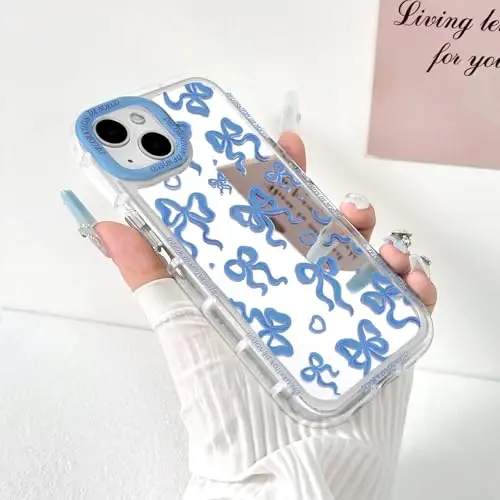NITITOP Compatible with iPhone 15 Plus Case Cute Mirror Bow Love Heart Pattern for Women Girls Ribbon Design Shockproof Silver Protective Phone Cover - Indigo Blue Bow - 2