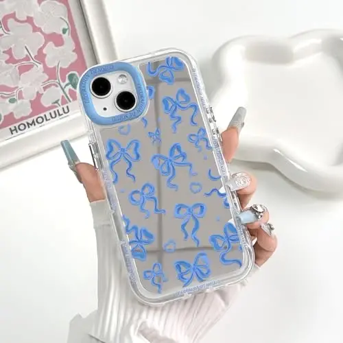 NITITOP Compatible with iPhone 15 Plus Case Cute Mirror Bow Love Heart Pattern for Women Girls Ribbon Design Shockproof Silver Protective Phone Cover - Indigo Blue Bow - 3