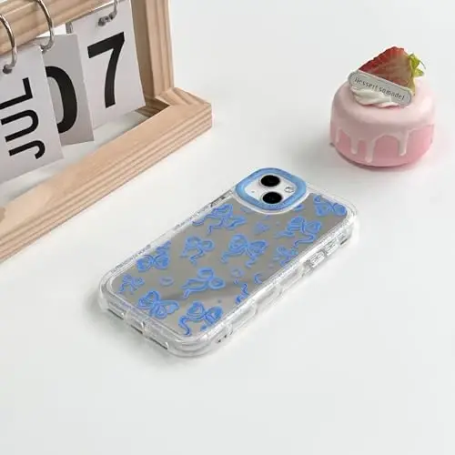 NITITOP Compatible with iPhone 15 Plus Case Cute Mirror Bow Love Heart Pattern for Women Girls Ribbon Design Shockproof Silver Protective Phone Cover - Indigo Blue Bow - 4