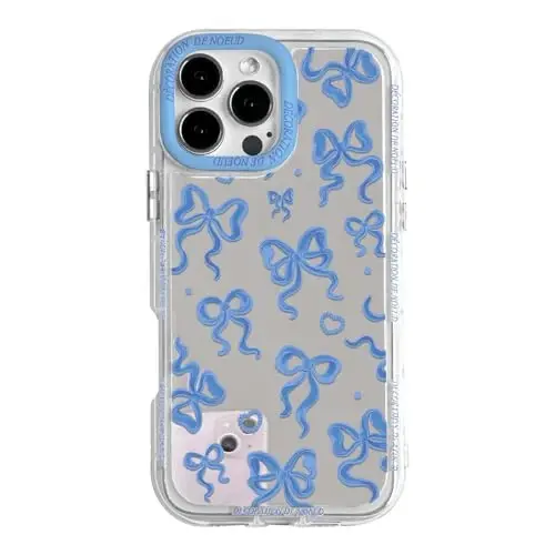 NITITOP Compatible with iPhone 15 Plus Case Cute Mirror Bow Love Heart Pattern for Women Girls Ribbon Design Shockproof Silver Protective Phone Cover - Indigo Blue Bow - NITITOP