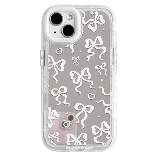NITITOP Compatible with iPhone 15 Plus Case Cute Mirror Bow Love Heart Pattern for Women Girls Ribbon Design Shockproof Silver Protective Phone Cover - White Bow - NITITOP