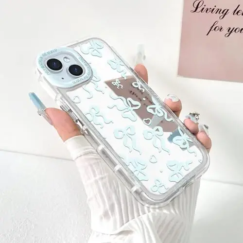 NITITOP Compatible with iPhone 15 Plus Case Cute Mirror Bow Love Heart Pattern for Women Girls Ribbon Design Shockproof Silver Protective Phone Cover - Blue Bow - 2