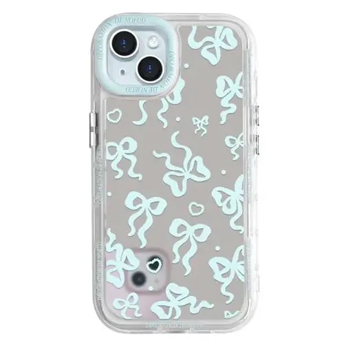 NITITOP Compatible with iPhone 15 Plus Case Cute Mirror Bow Love Heart Pattern for Women Girls Ribbon Design Shockproof Silver Protective Phone Cover - Blue Bow - 1