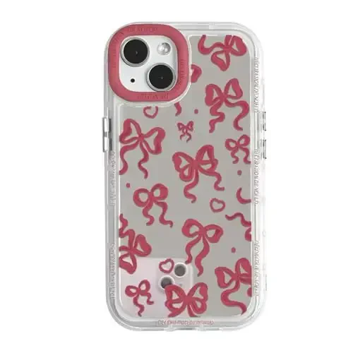 NITITOP Compatible with iPhone 15 Plus Case Cute Mirror Bow Love Heart Pattern for Women Girls Ribbon Design Shockproof Silver Protective Phone Cover - Wine Red Bow - 1