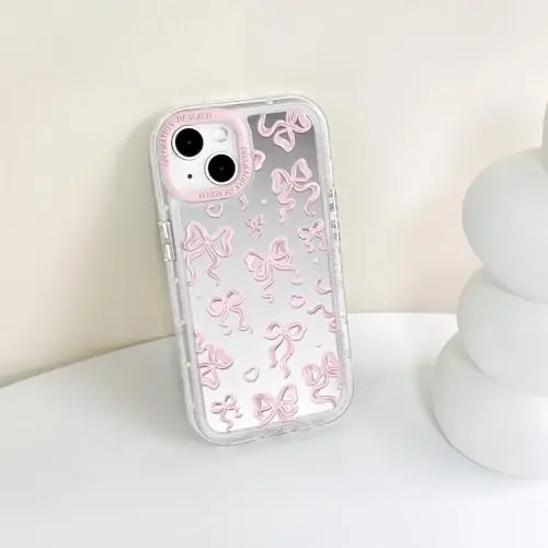 NITITOP Compatible with iPhone 15 Plus Case Cute Mirror Bow Love Heart Pattern for Women Girls Ribbon Design Shockproof Silver Protective Phone Cover - Light Pink Bow - 7