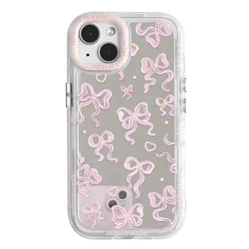 NITITOP Compatible with iPhone 15 Plus Case Cute Mirror Bow Love Heart Pattern for Women Girls Ribbon Design Shockproof Silver Protective Phone Cover - Light Pink Bow - 1
