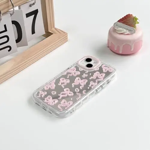 NITITOP Compatible with iPhone 15 Plus Case Cute Mirror Bow Love Heart Pattern for Women Girls Ribbon Design Shockproof Silver Protective Phone Cover - Light Pink Bow - 4