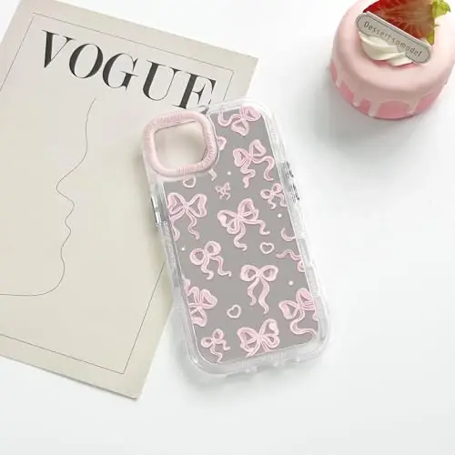 NITITOP Compatible with iPhone 15 Plus Case Cute Mirror Bow Love Heart Pattern for Women Girls Ribbon Design Shockproof Silver Protective Phone Cover - Light Pink Bow - 5