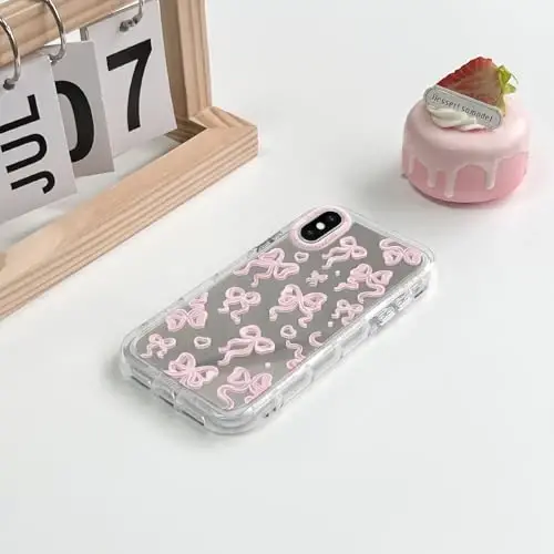 NITITOP Compatible with iPhone 15 Plus Case Cute Mirror Bow Love Heart Pattern for Women Girls Ribbon Design Shockproof Silver Protective Phone Cover - Light Pink Bow - 4