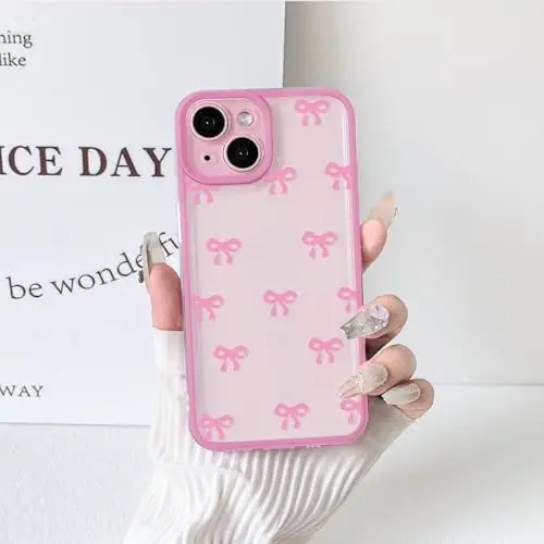 NITITOP Compatible with iPhone 15 Plus Case Cute Clear Durable Ribbon Bowknot Pattern for Girls Women Soft TPU Transparent Full Camera Lens Shockproof Protective Phone Cover - Rose Red - 7
