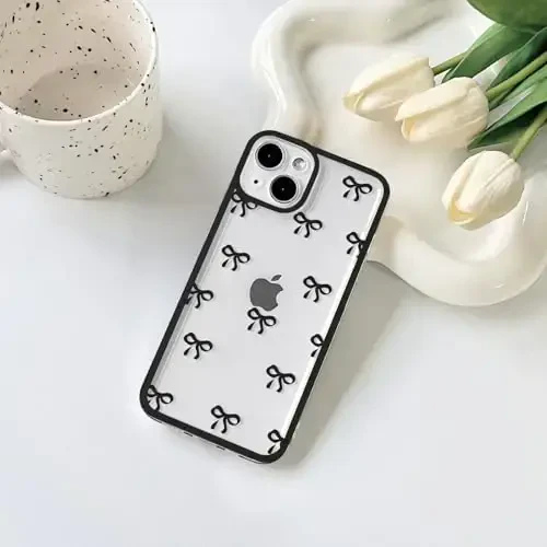 NITITOP Compatible with iPhone 15 Plus Case Cute Clear Durable Ribbon Bowknot Pattern for Girls Women Soft TPU Transparent Full Camera Lens Shockproof Protective Phone Cover - Black - NITITOP (1)