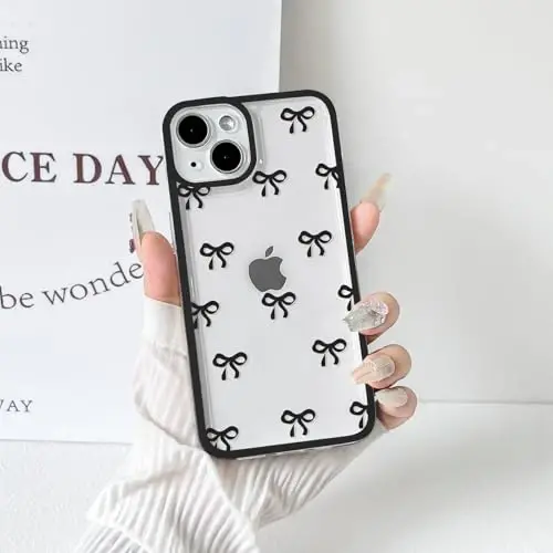 NITITOP Compatible with iPhone 15 Plus Case Cute Clear Durable Ribbon Bowknot Pattern for Girls Women Soft TPU Transparent Full Camera Lens Shockproof Protective Phone Cover - Black - 8