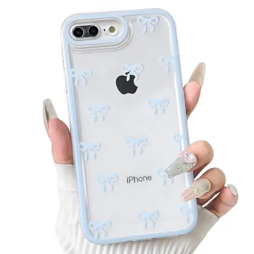 NITITOP Compatible with iPhone 15 Plus Case Cute Clear Durable Ribbon Bowknot Pattern for Girls Women Soft TPU Transparent Full Camera Lens Shockproof Protective Phone Cover - Blue 