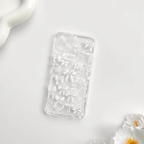 NITITOP Compatible with iPhone 15 Plus Case Cute Clear Bowknot Design for Women Girls White Bow Ribbon Soft Fit Slim Stylish Protective Phone Cover - White - 4