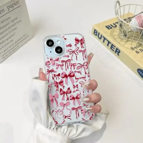 NITITOP Compatible with iPhone 15 Plus Case Cute Clear Bowknot Design for Women Girls Red Bow Ribbon Soft Fit Slim Stylish Protective Phone Cover - Red - 3