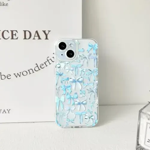 NITITOP Compatible with iPhone 15 Plus Case Cute Clear Bowknot Design for Women Girls Blue Bow Ribbon Soft Fit Slim Stylish Protective Phone Cover - Blue - 6