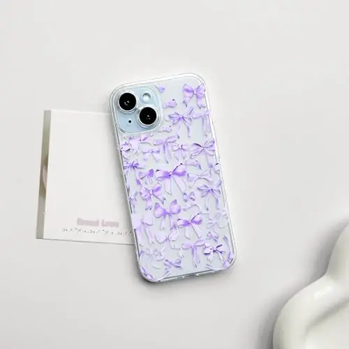 NITITOP Compatible with iPhone 15 Plus Case Cute Clear Bowknot Design for Women Girls Purple Bow Ribbon Soft Fit Slim Stylish Protective Phone Cover - Purple - 2